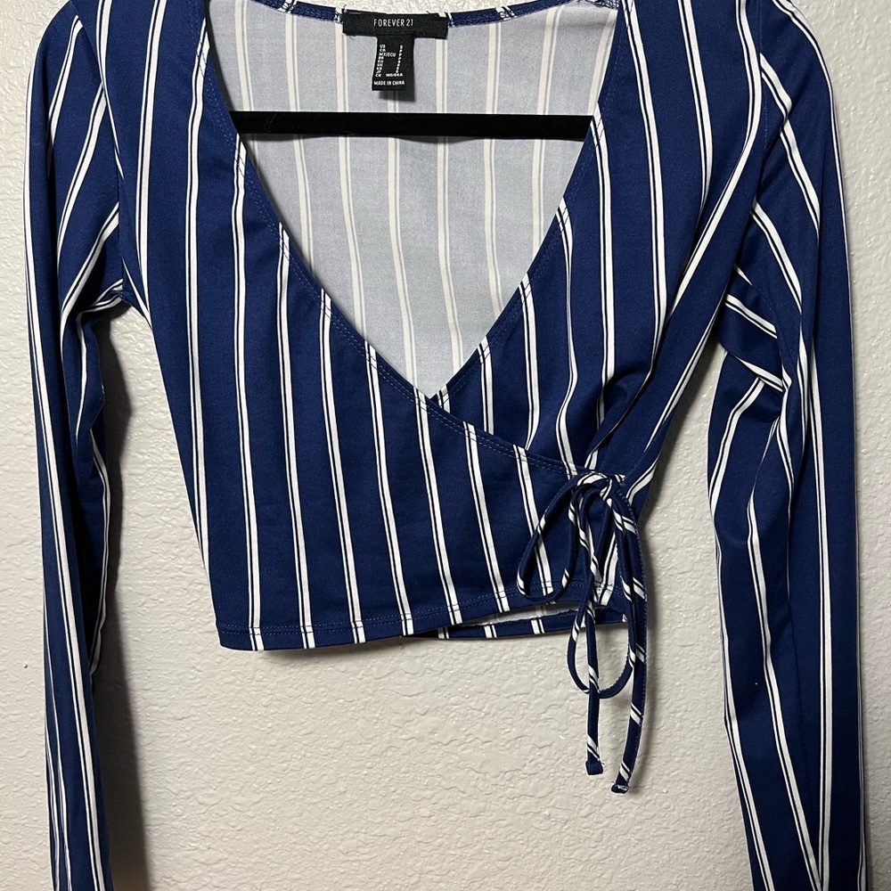 Forever 21 Navy and White Striped Wrap Blouse